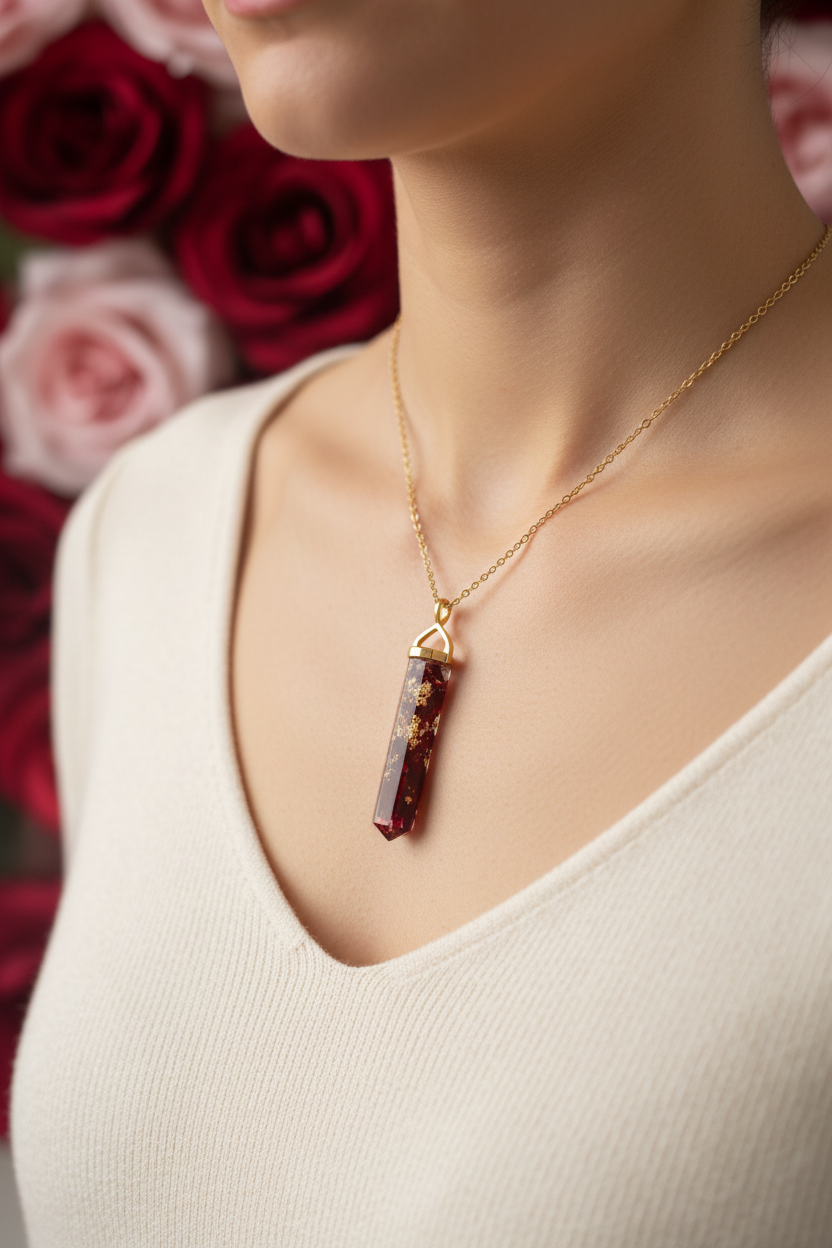 Red Rose Pendant with Gold Leaf - Lifestyle