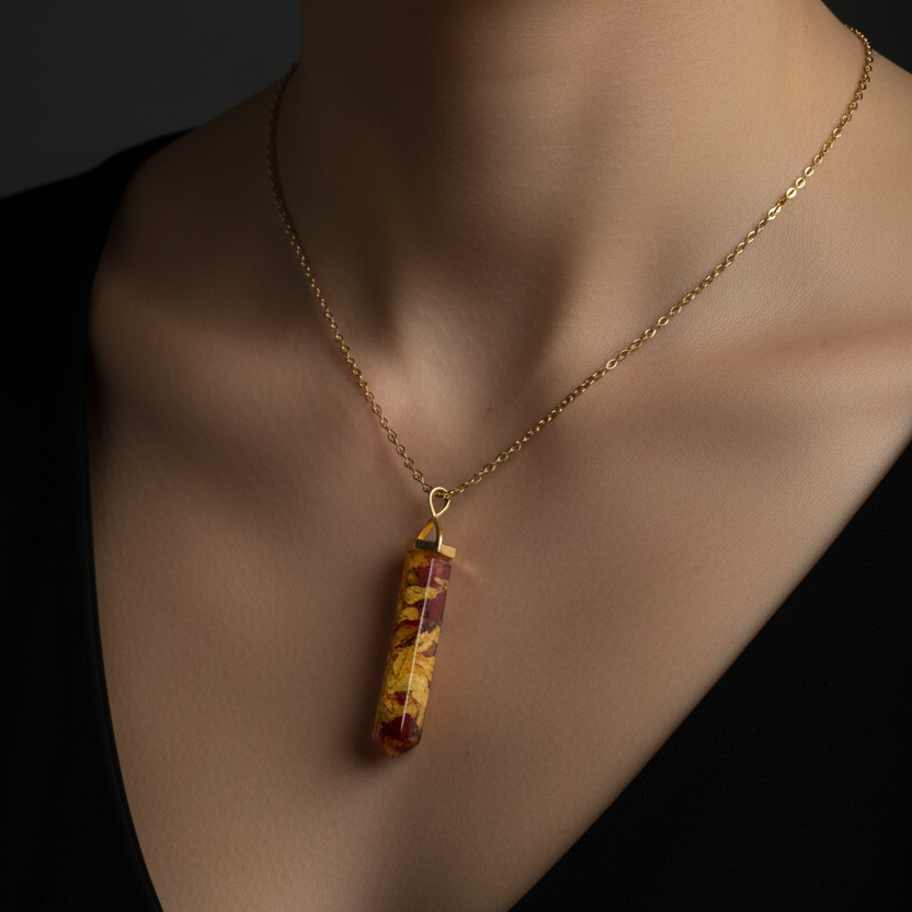 Red & Yellow Storm Pendant — Model Shot, Gold Chain