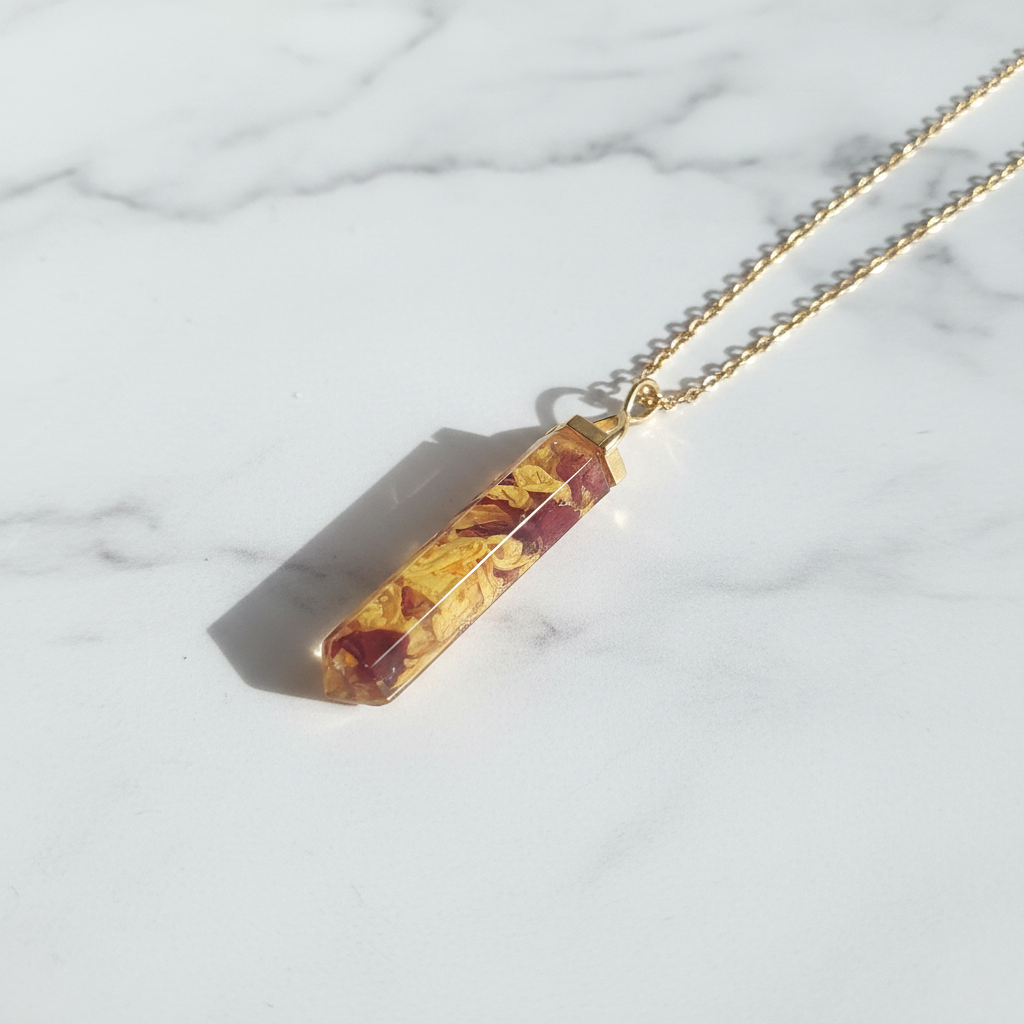 Red & Yellow Storm Pendant — White Marble, Gold Chain