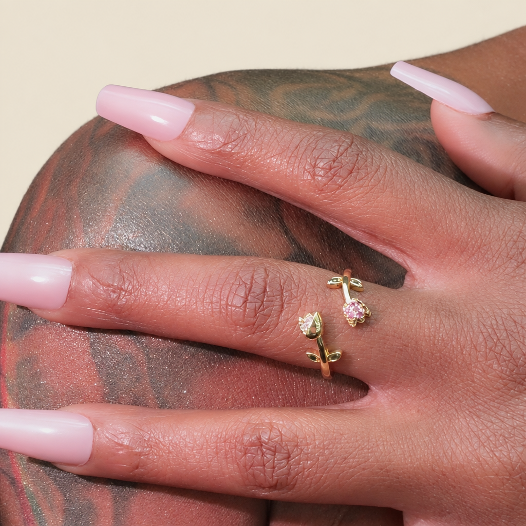 Revised cream-background draft of the pink-stone ring
