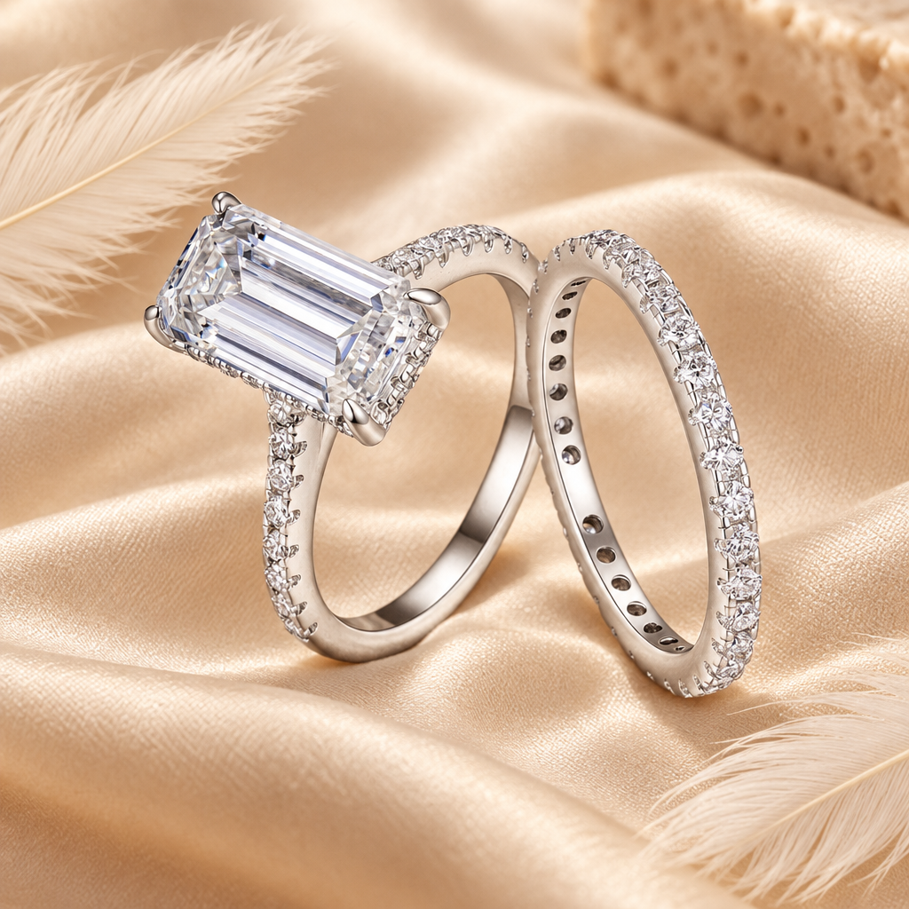 Ring set on cream silk with ivory feathers and travertine styling