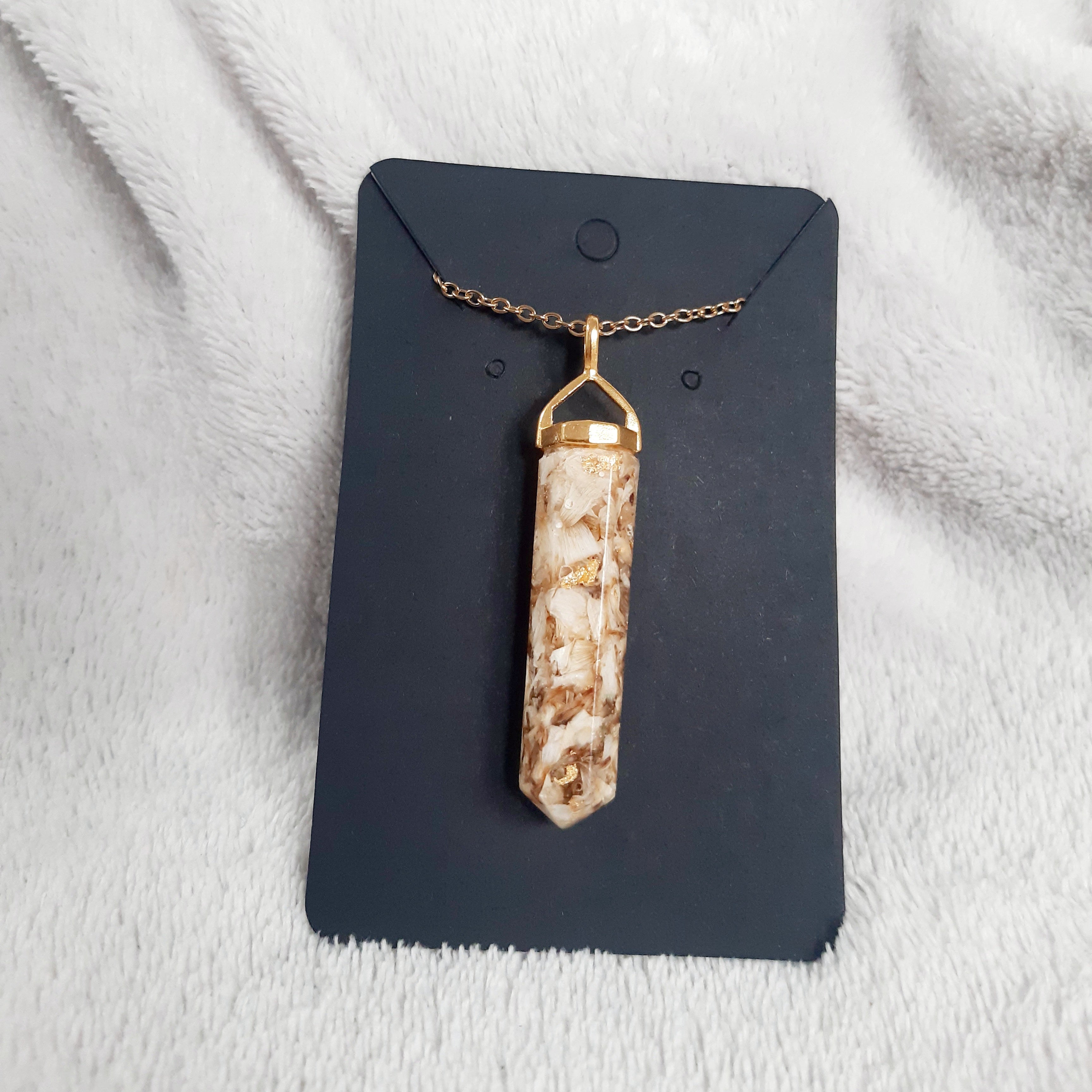 White Dried Flower Resin Necklace - Handmade Gold Accent Pendant