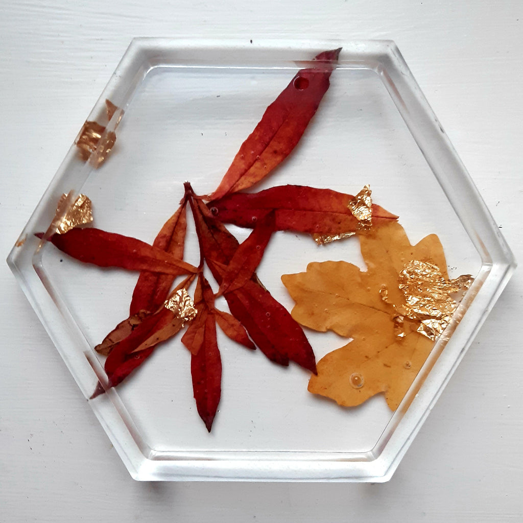 Autumn Hexagon Resin Tray - Handmade Red & Yellow Leaf Dish with Gold