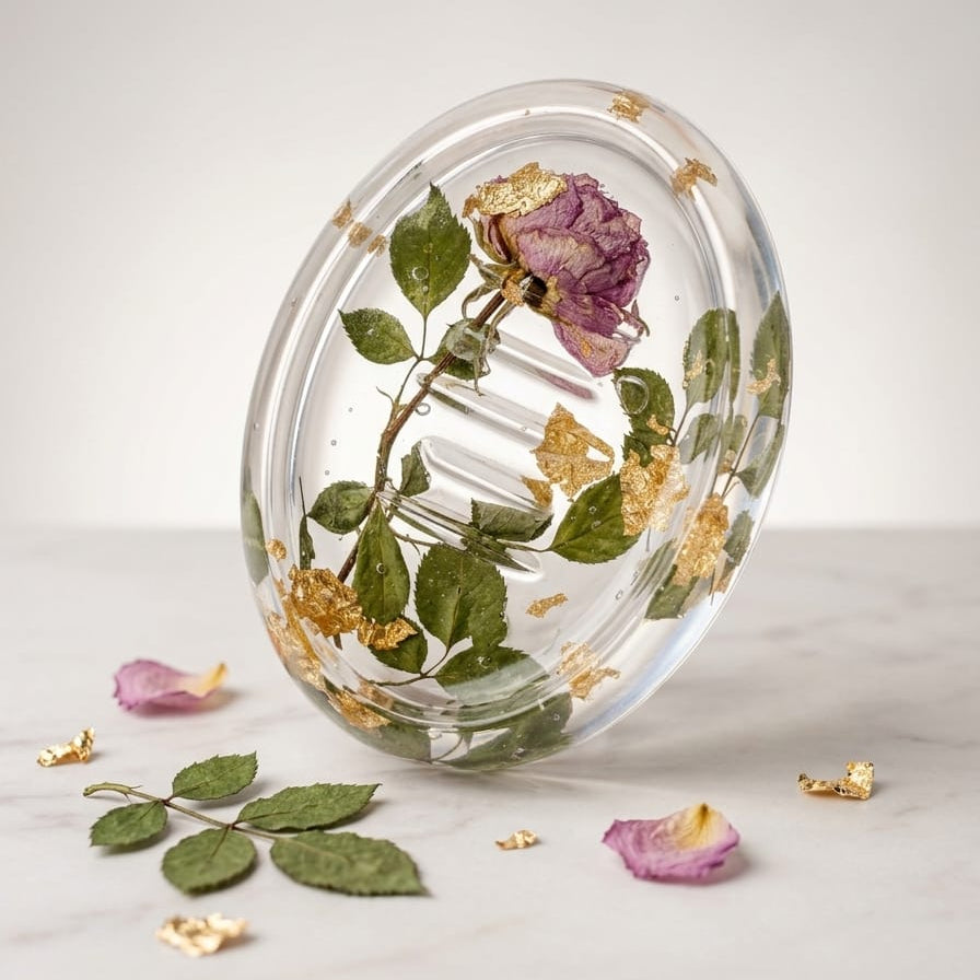 Rose Soap Bar Tray with Gold - Elegant Handmade Resin Dish