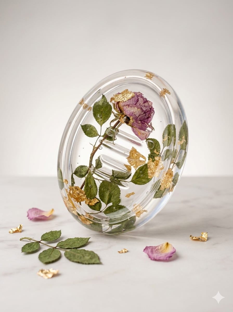 Rose Soap Bar Tray with Gold - Elegant Handmade Resin Dish