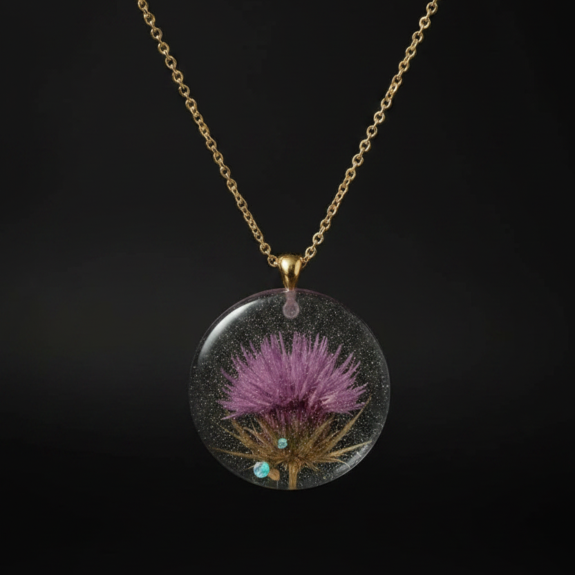 Round clear resin purple thistle