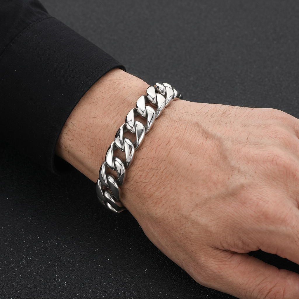 Silver bracelet model shot, clasp hidden behind the wrist