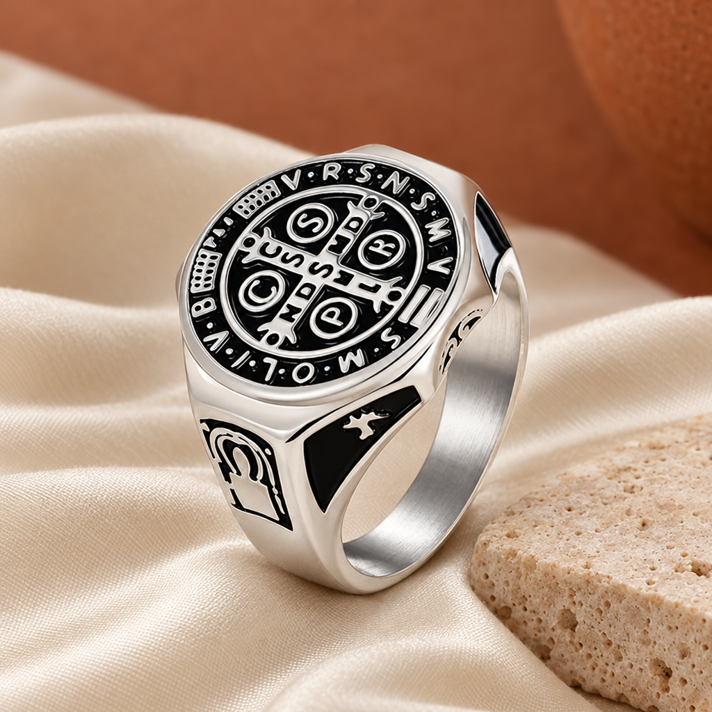 A silver signet ring with black engraved details, displayed on a beige satin fabric next to a textured stone.