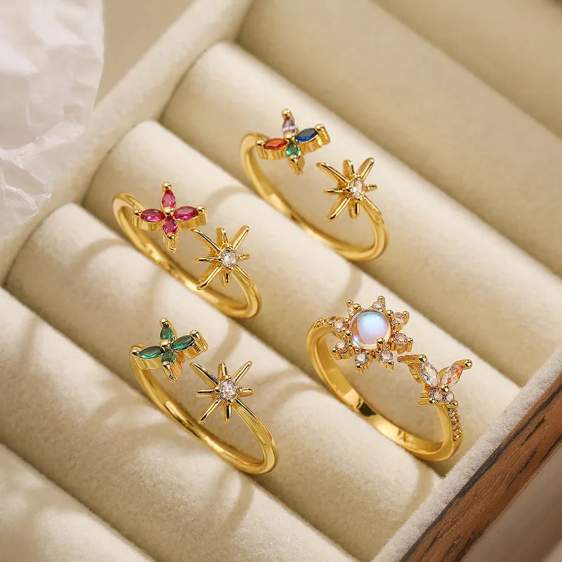 18K Gold Plated Zircon Flower Open Ring