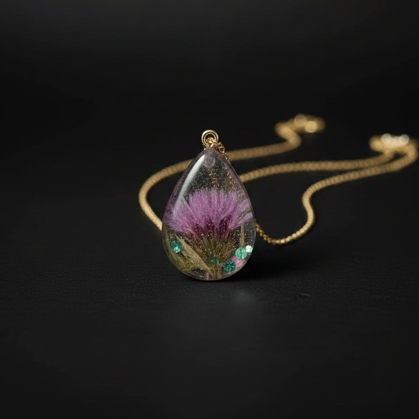 Small teardrop clear resin with purple thistle