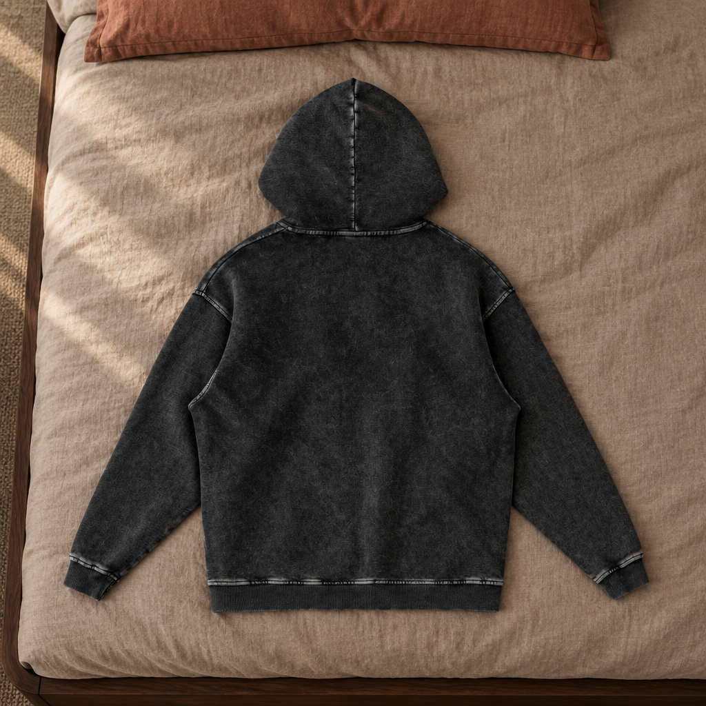 Snow Wash Hoodie back laid on luxury bedding