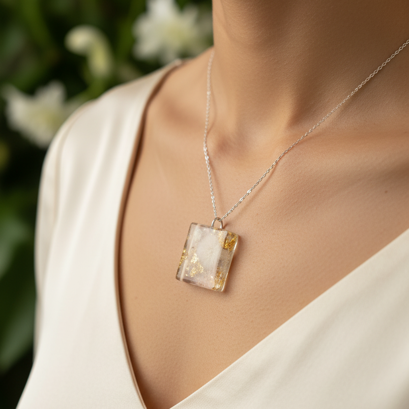 Square Dried Flower Resin Necklace - Lifestyle