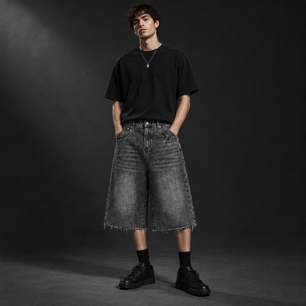 Square editorial model image of the denim shorts