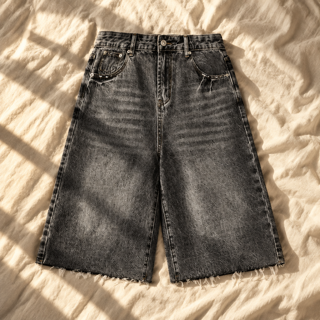 Square product-only image of the denim shorts on cream linen