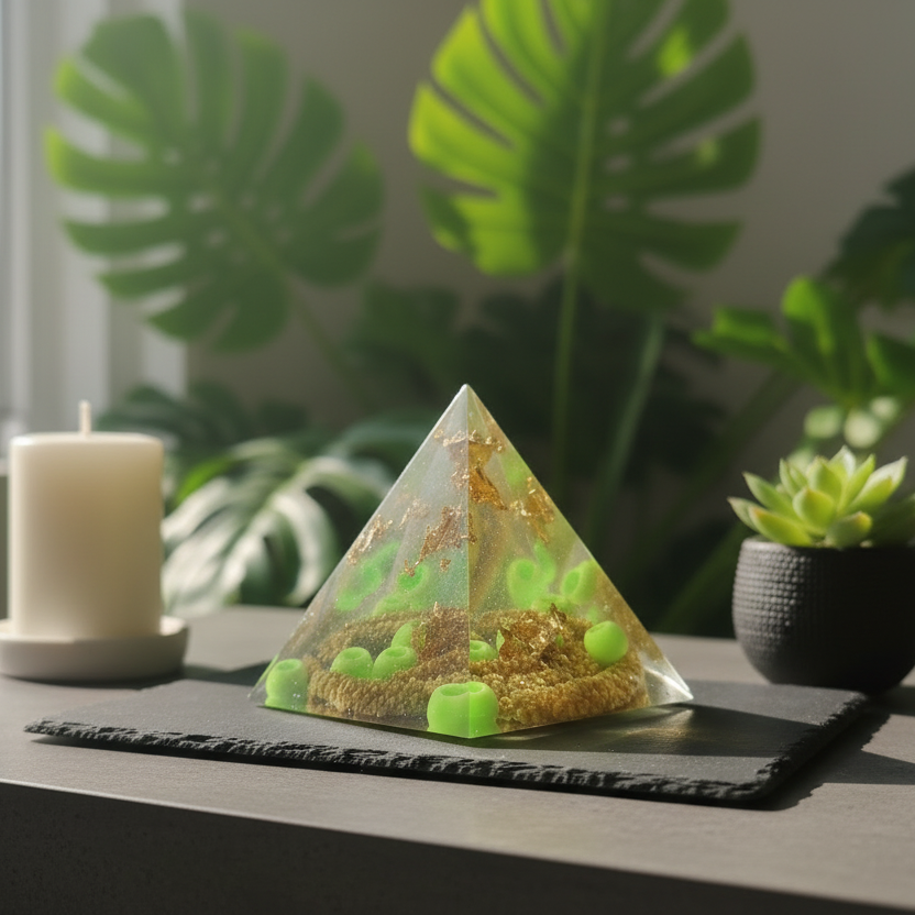 Striking Lime Green Resin Pyramid - Desk Lifestyle