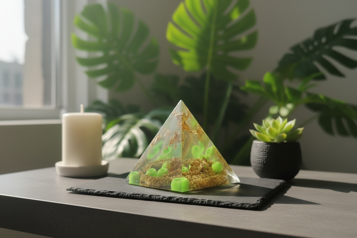 Striking Lime Green Resin Pyramid - Desk Lifestyle