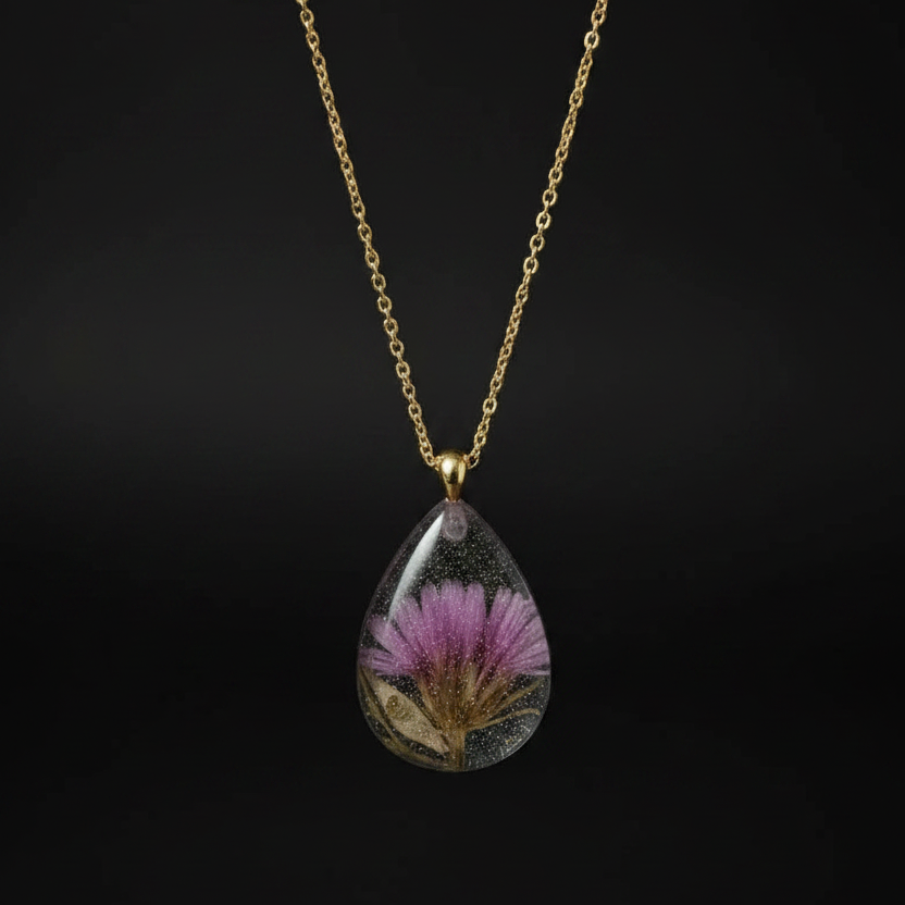 Teardrop clear resin with purple thistle