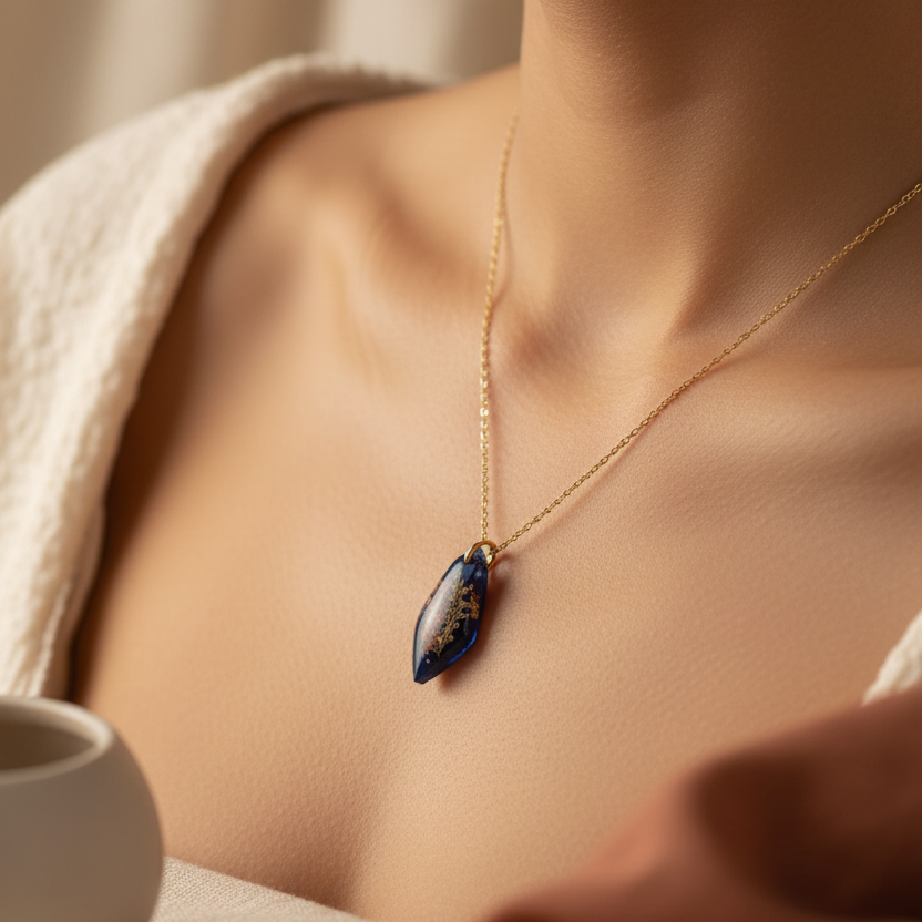 Teardrop navy botanicals pendant on model