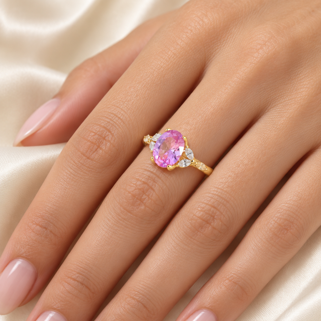 Third model-shot concept of the pink zircon ring