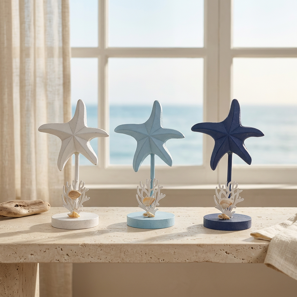 Three starfish ornaments in a sea-themed setting