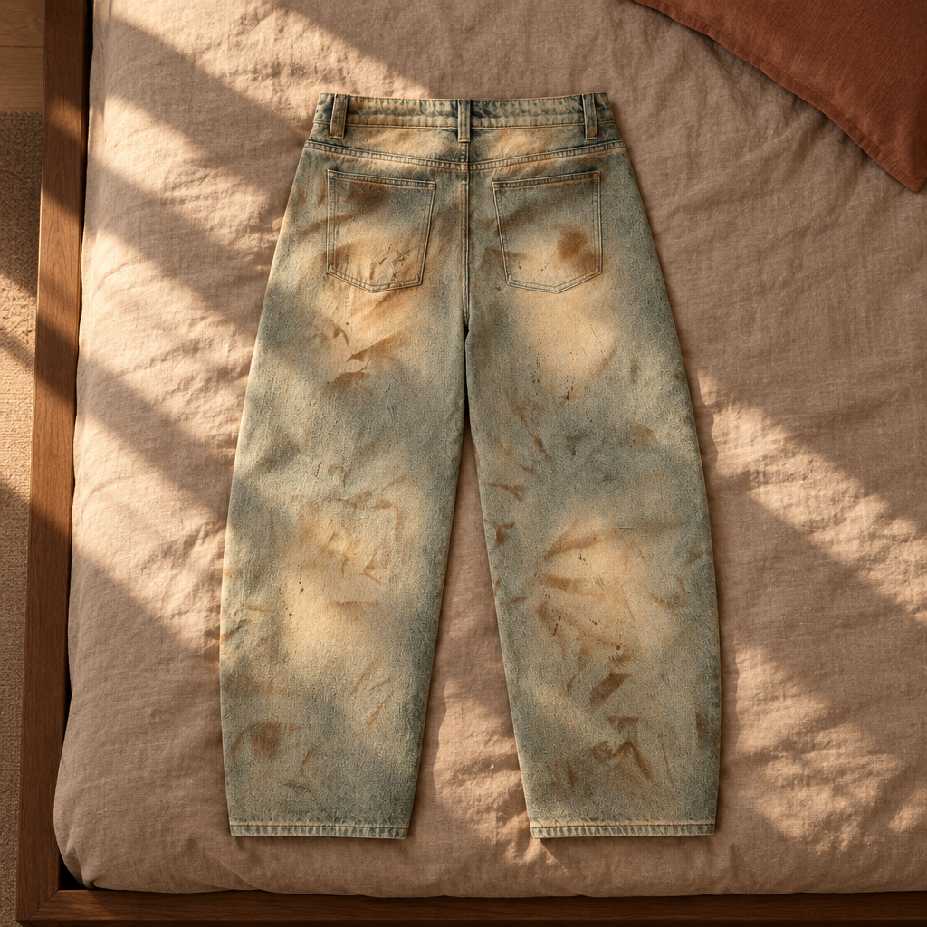Vintage wash barrel leg jeans back on sunlit bedding