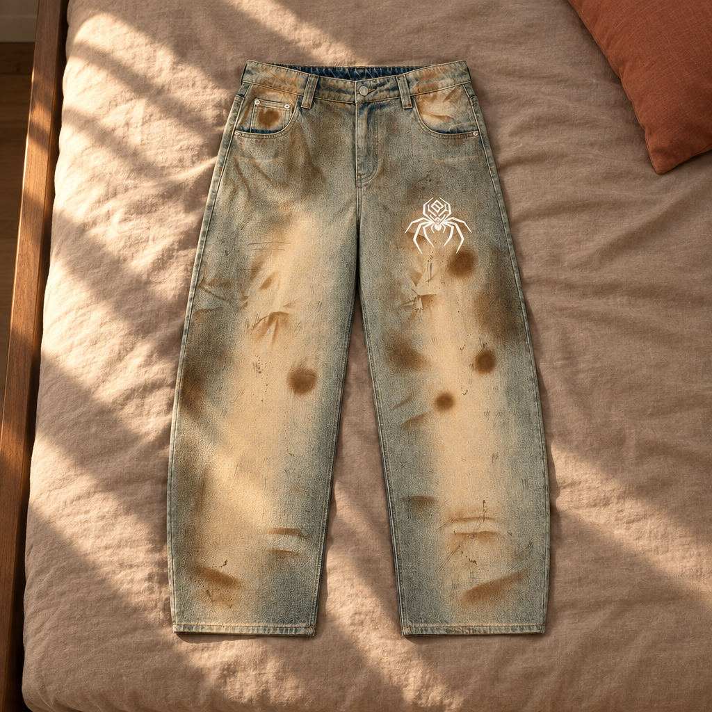 Vintage wash barrel leg jeans front on sunlit bedding