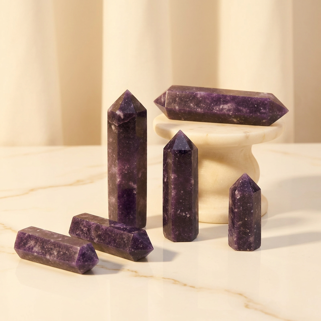 Violet towers arranged on warm white-and-gold marble without bark