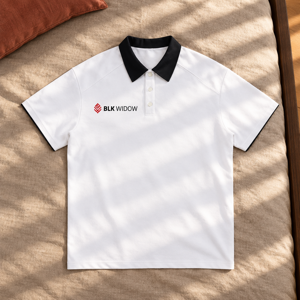 White contrast-collar polo front on sunlit bedding