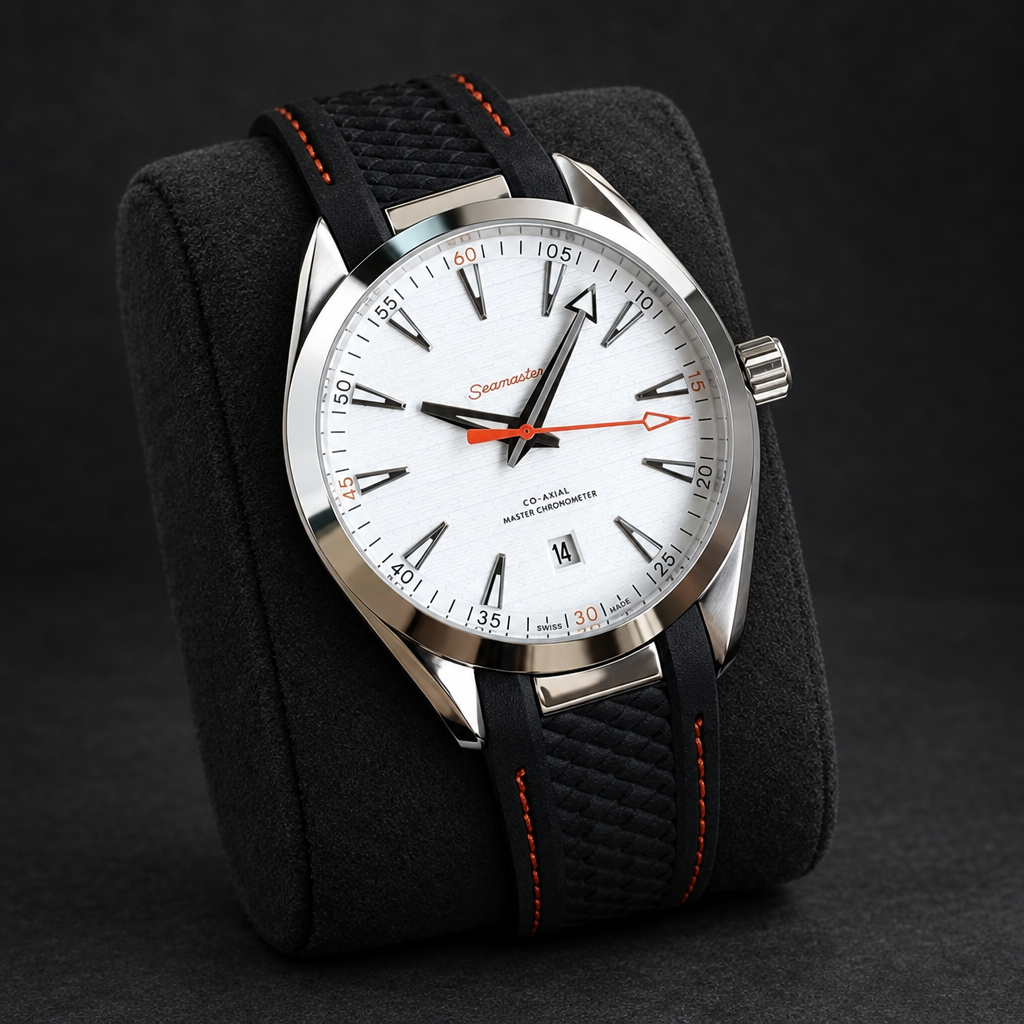 White-dial watch with orange-red details on charcoal