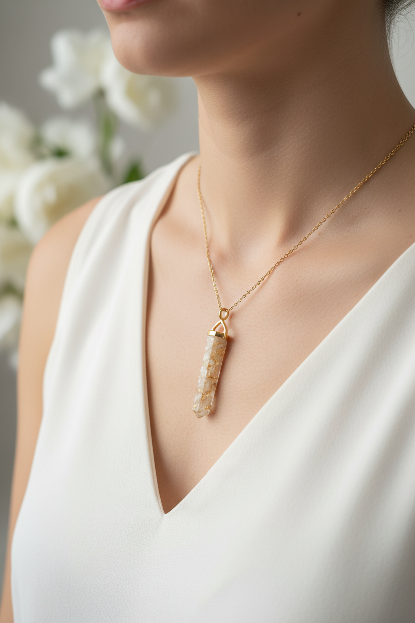 White Dried Flower Resin Necklace - Lifestyle