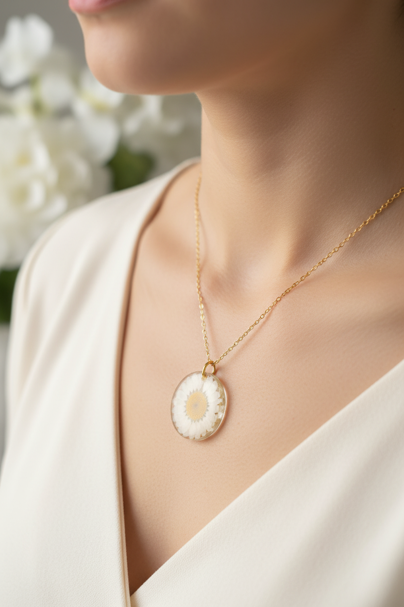 White Flower Resin Necklace - Lifestyle