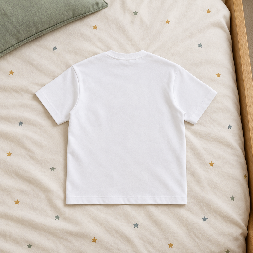 White kids’ crewneck T-shirt back on star bedding