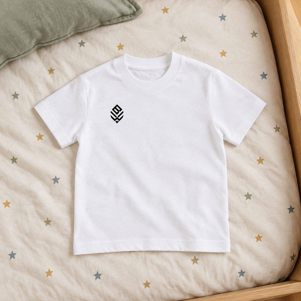 White kids’ crewneck T-shirt front on star bedding