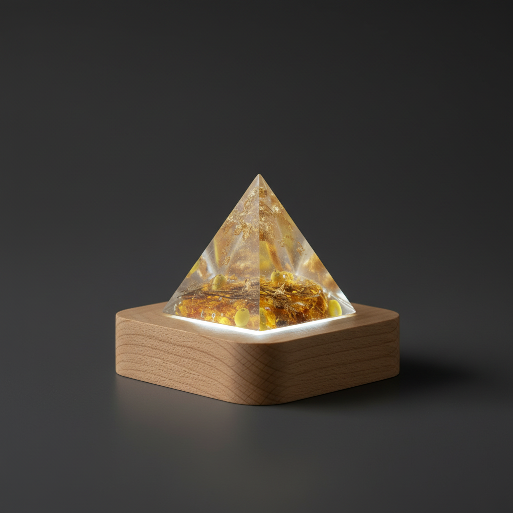 Yellow and gold resin pyramid lamp on a rounded wooden base