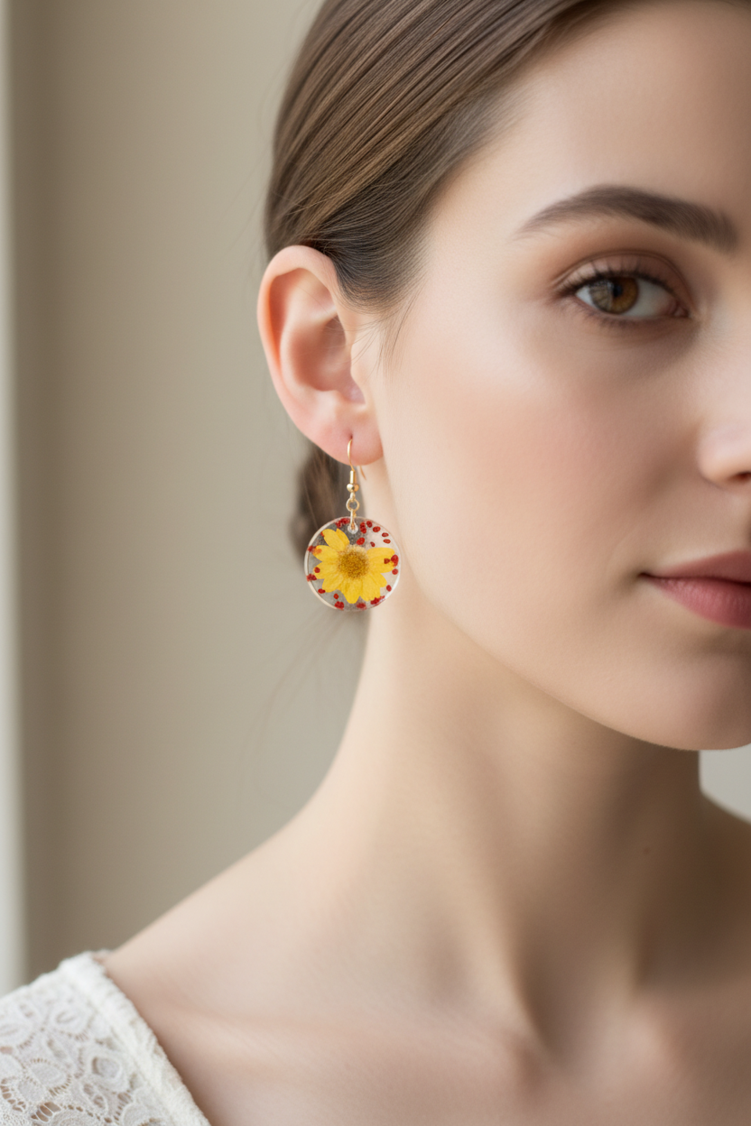Yellow Daisy Earrings Model Shot