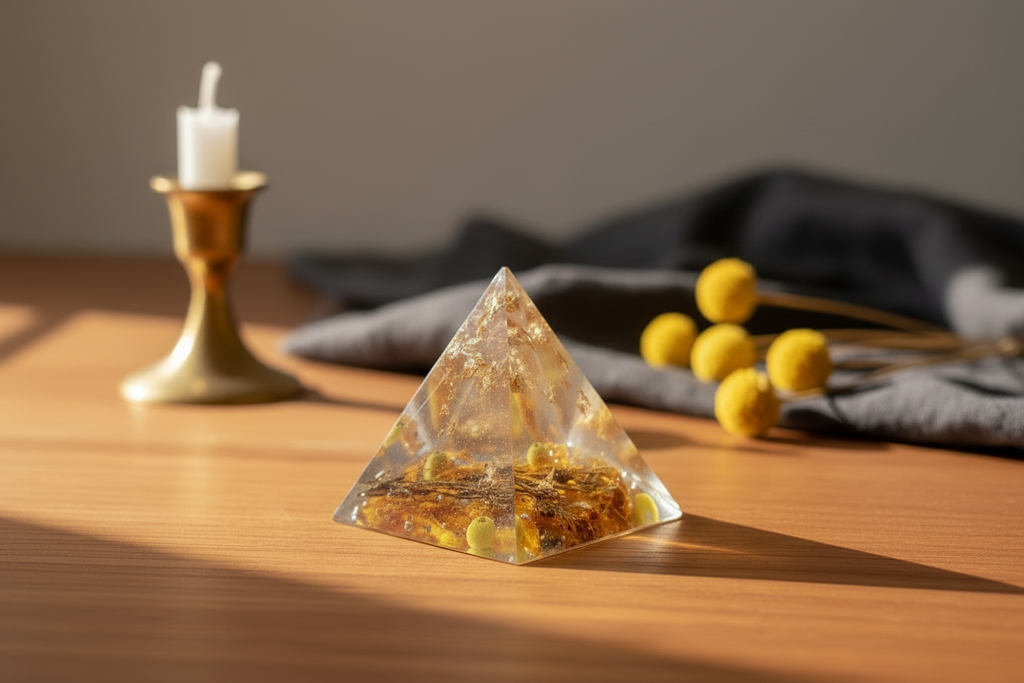 Yellow & Gold Resin Pyramid - Desk Lifestyle